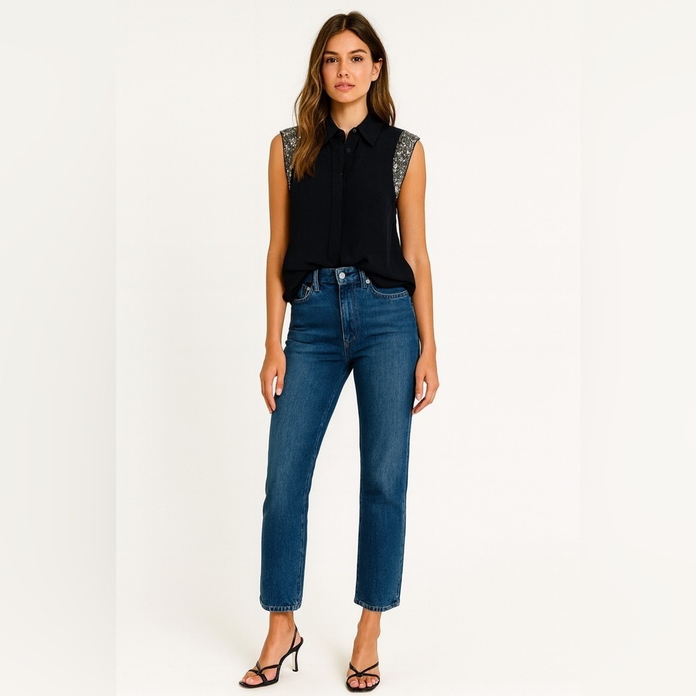 Haute Hippie navy blue silk sleeveless blouse with embellishment at shoulder. S